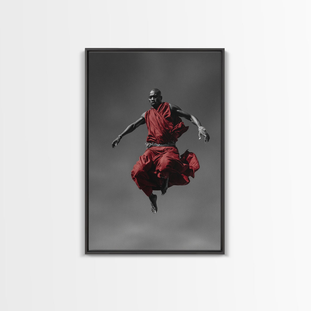 Floating Maasai Warrior In Red Robes Canvas Print, African Portrait Photography, Black Art Decor, Modern Cultural Wall Art