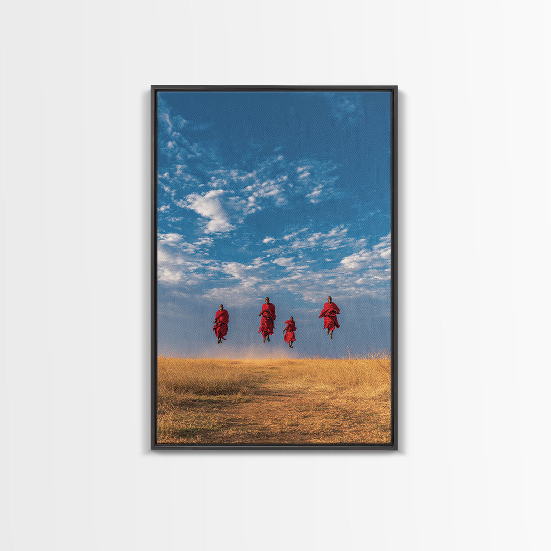 Four Maasai Warriors Jumping Over Savanna Wall Art, African Safari Art Print, Blue Sky Landscape, Cultural Home Decor Gift