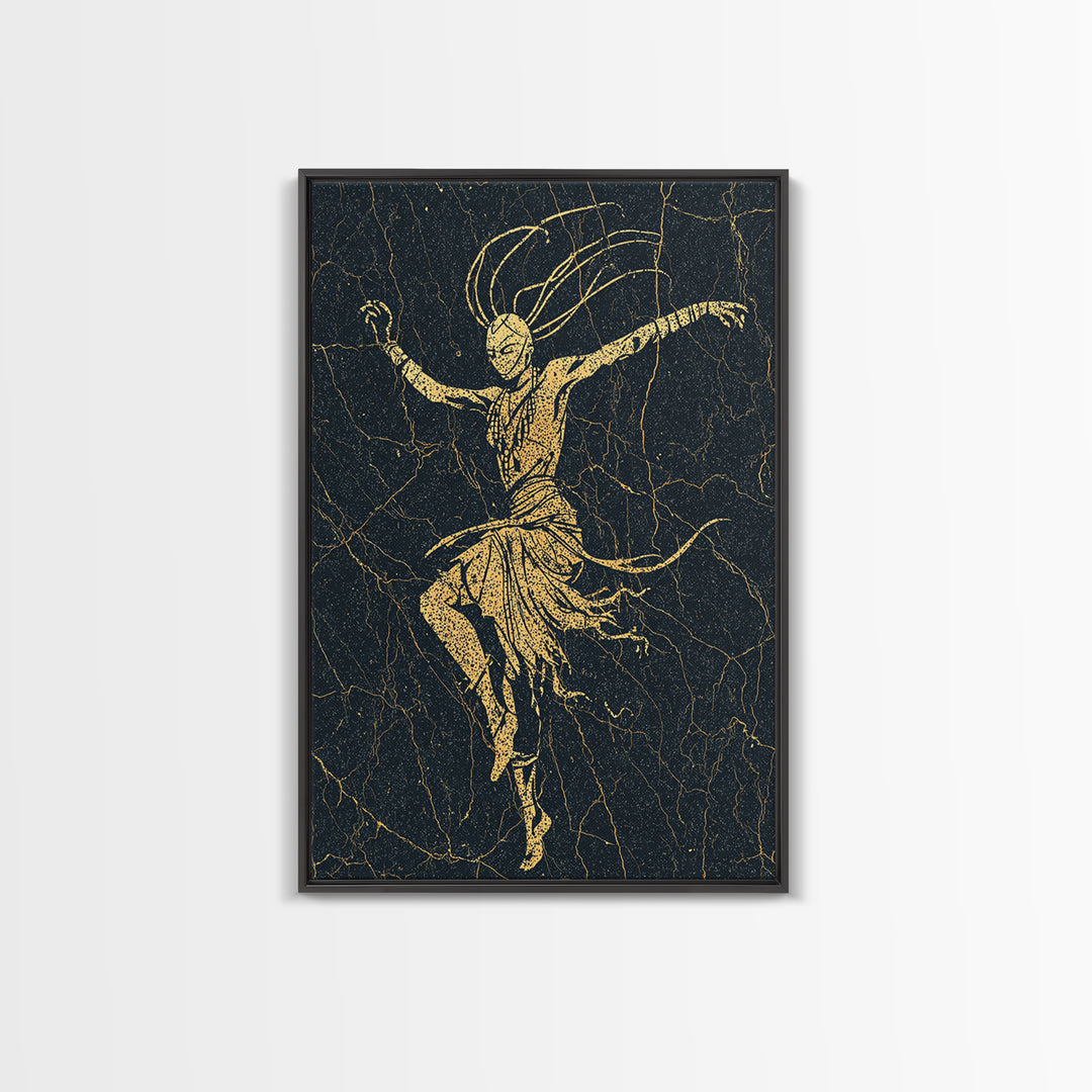 Gold Tribal Dancer On Black Cracked Texture Canvas Print, African Mask Art, Elegant Abstract Wall Decor, Spiritual Home Gift