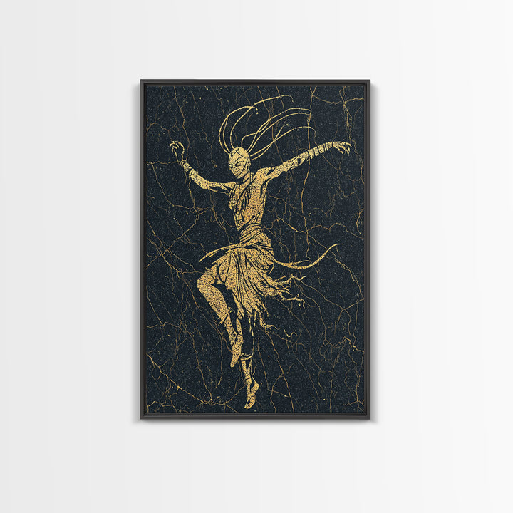 Gold Tribal Dancer On Black Cracked Texture Canvas Print, African Mask Art, Elegant Abstract Wall Decor, Spiritual Home Gift