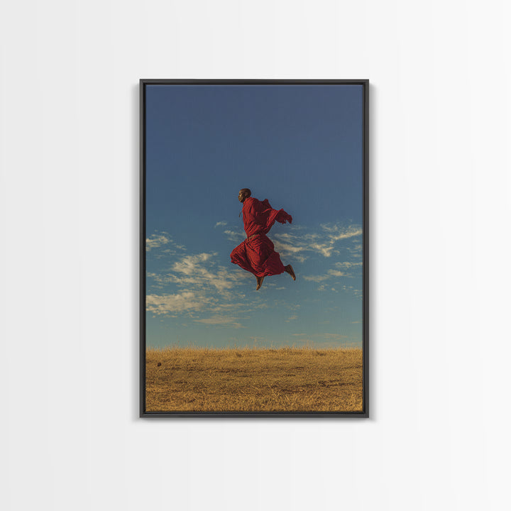 Solo Maasai Warrior Leaping Above Golden Grass Wall Art, African Safari Portrait, Red Robe Landscape, Cultural Decor Gift