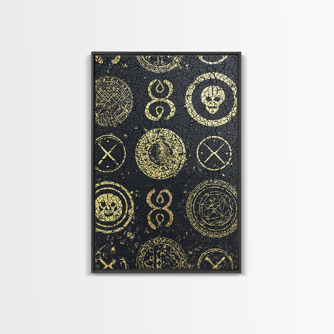 Gold Tribal Symbols And Skulls On Black Texture Canvas Print, African Abstract Wall Art, Mystical Pattern Home Decor Gift