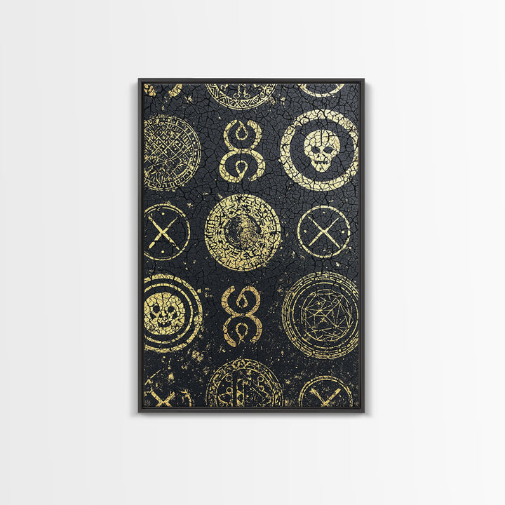 Gold Tribal Symbols And Skulls On Black Texture Canvas Print, African Abstract Wall Art, Mystical Pattern Home Decor Gift