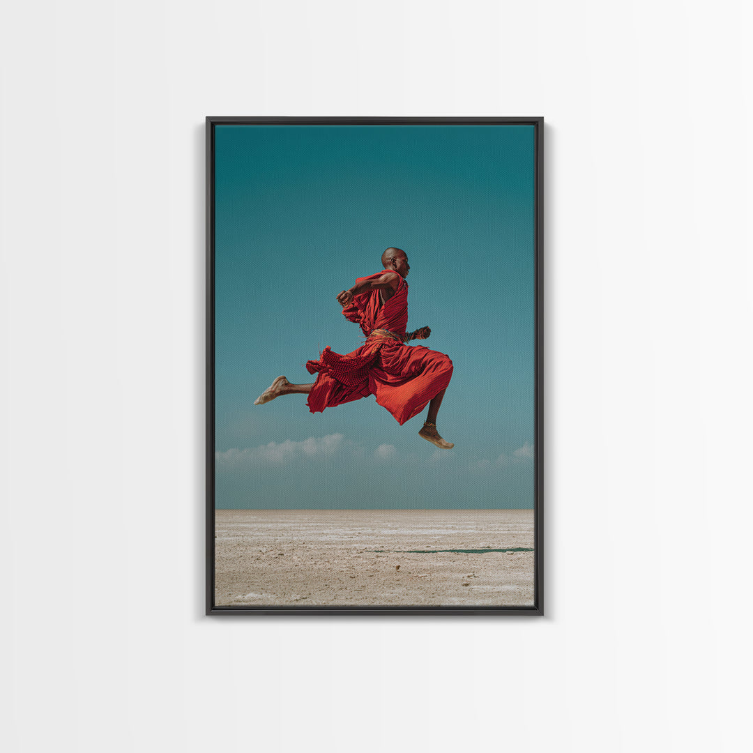 Leaping Maasai Warrior Canvas Print, African Wall Art, Red Robe Desert Photography, Tribal Decor For Living Room Wall Decor