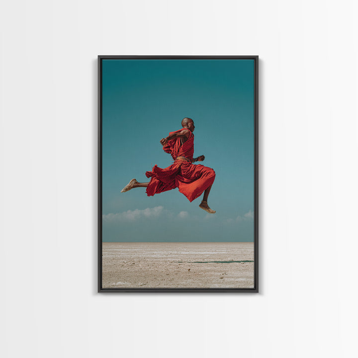 Leaping Maasai Warrior Canvas Print, African Wall Art, Red Robe Desert Photography, Tribal Decor For Living Room Wall Decor