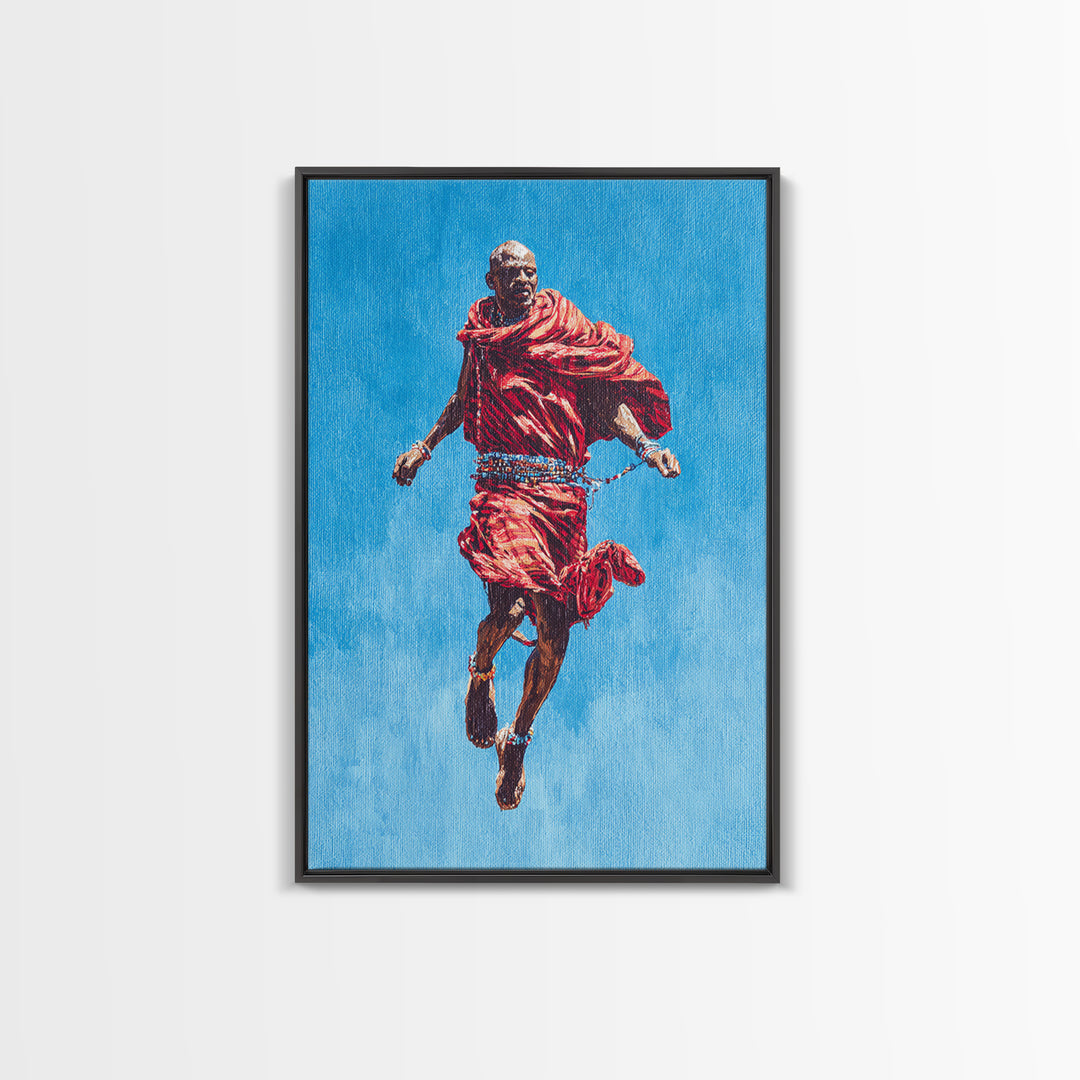Painted Maasai Warrior Jump Wall Art, African Acrylic Art, Red Robe Tribal Portrait, Afrocentric Canvas Print Decor Gift