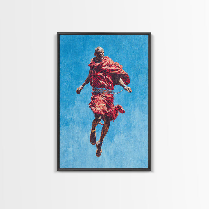 Painted Maasai Warrior Jump Wall Art, African Acrylic Art, Red Robe Tribal Portrait, Afrocentric Canvas Print Decor Gift