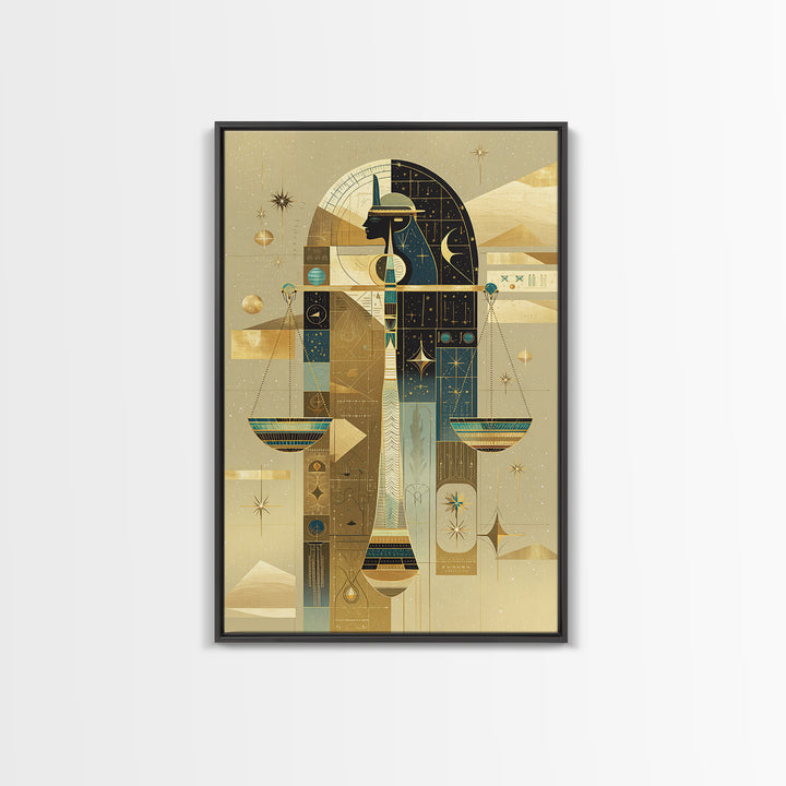 Anubis And Scales Framed Canvas Print, African Egyptian Art, Gold Black Wall Art, Mystical Spiritual Home Decor Gift For Her