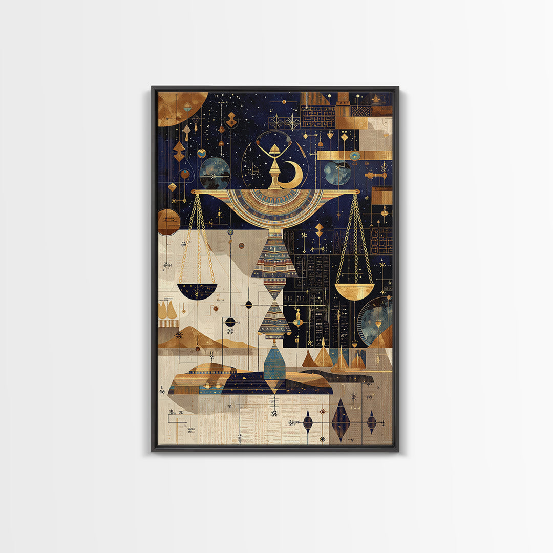 Celestial Egyptian Scales Wall Art, African Egyptian Art, Gold Black Mystical Canvas Print, Spiritual Home Decor Gift Idea