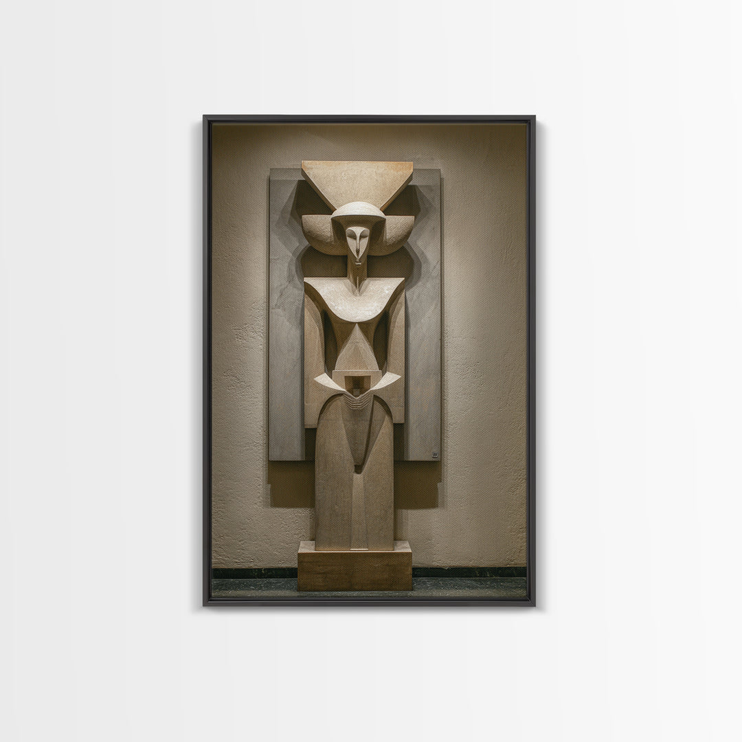 Abstract African Stone Sculpture Framed Canvas Print, Tribal Statue Wall Decor, Gallery Museum Art, Afrocentric Home Decor