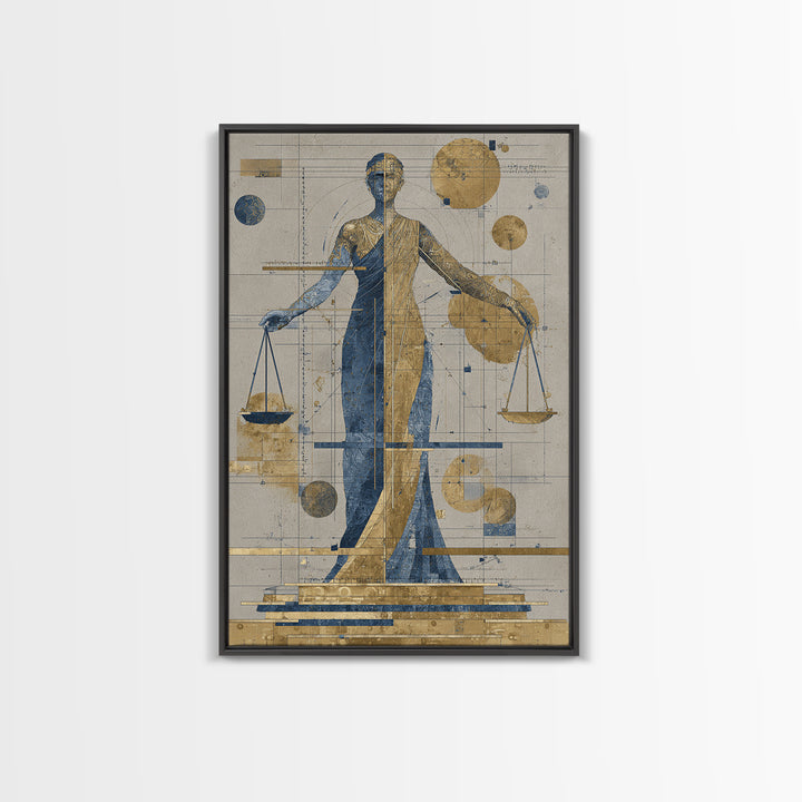 Blue Gold Lady Justice Goddess Canvas Print, Abstract African Wall Art, Modern Portrait Decor, Elegant Office Statement Piece