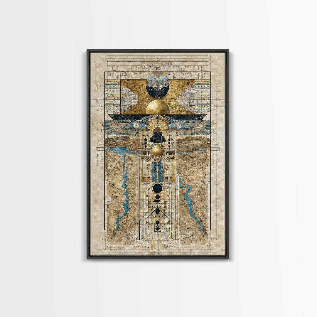 Egyptian Sacred Geometry Totem Canvas Print, African Egyptian Wall Art, Gold Blue Map Decor, Mystical Ancestral Poster Print
