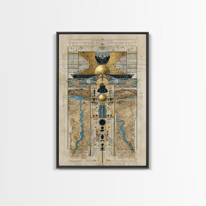 Egyptian Sacred Geometry Totem Canvas Print, African Egyptian Wall Art, Gold Blue Map Decor, Mystical Ancestral Poster Print
