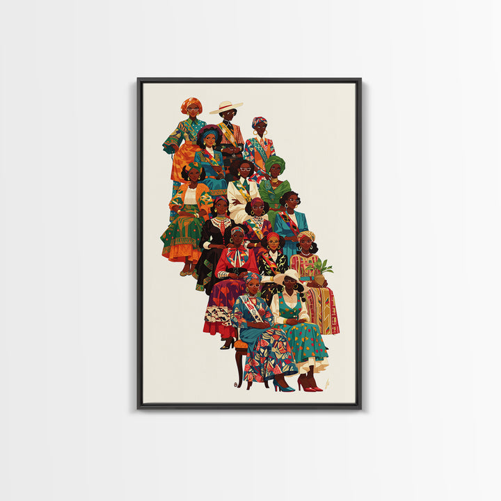 Elegant African Women Fashion Ensemble Framed Canvas Print, Ankara Wall Art, Black Queens Decor, Afrocentric Statement Gift