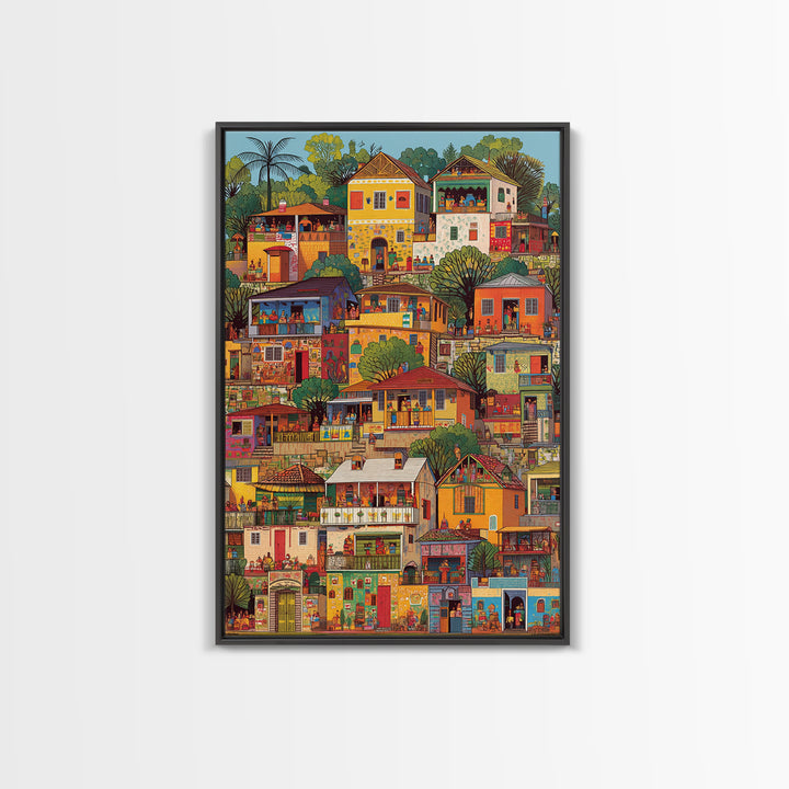 Colorful African Hillside Village Wall Art, Urban Home Scene Print, Tropical Architecture Decor, Vibrant Cultural Canvas