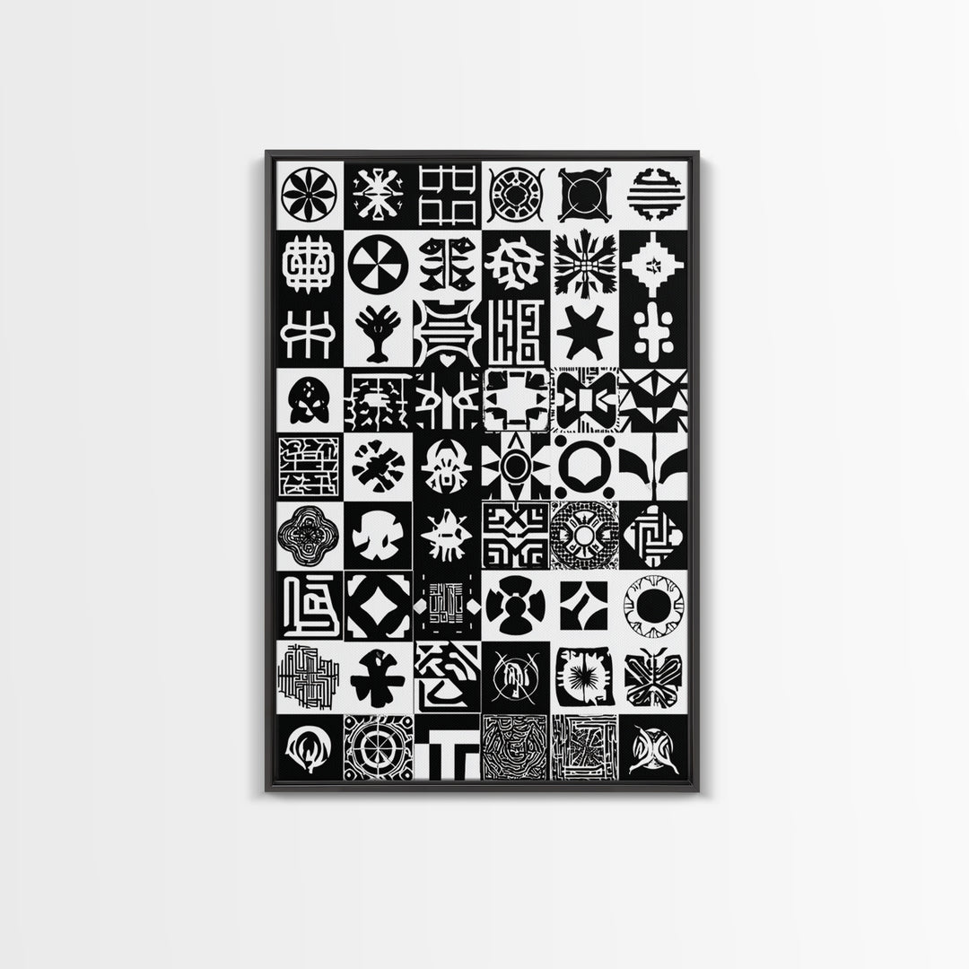Black White African Symbols Wall Art, Adinkra Pattern Canvas Print, Tribal Art Decor, African Fabric Inspired Home Decor