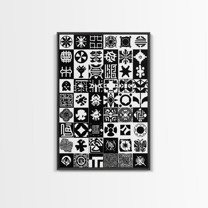 Black White African Symbols Wall Art, Adinkra Pattern Canvas Print, Tribal Art Decor, African Fabric Inspired Home Decor