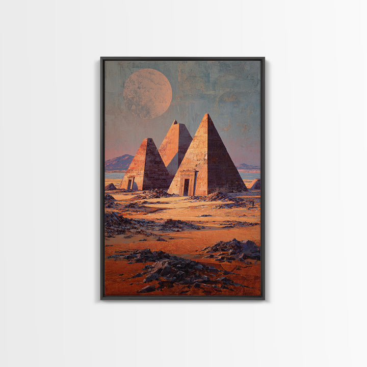 Moonlit Nubian Pyramids Framed Canvas Print, African Egyptian Art, Mystical Desert Wall Decor, Cultural Artwork, Home Decor Gift