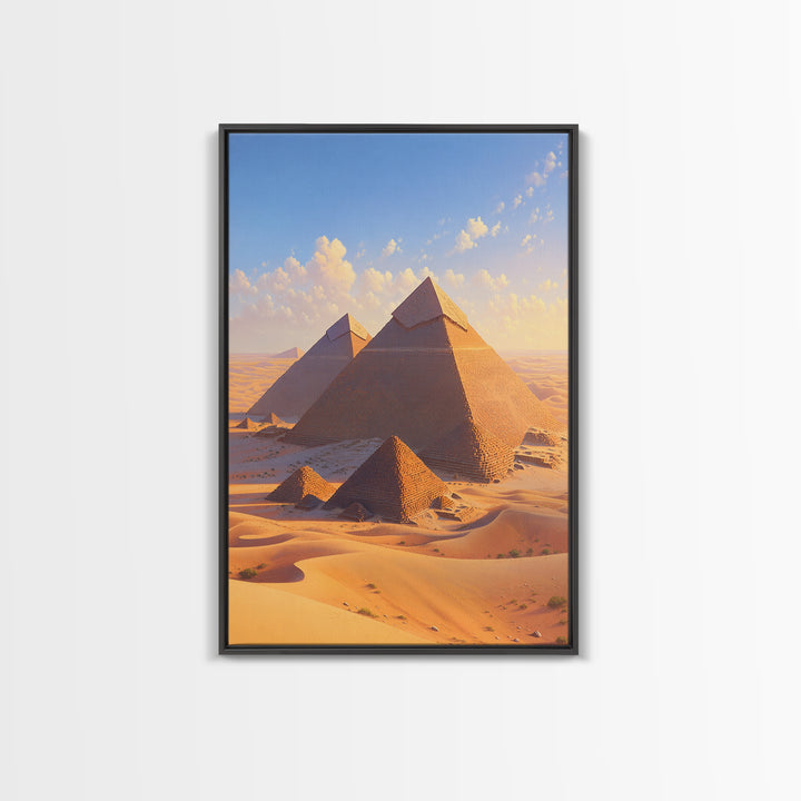 Golden Giza Pyramids In Desert Dunes Framed Canvas Print, African Egyptian Art, Ancient African Wall Decor Gift, Travel Poster
