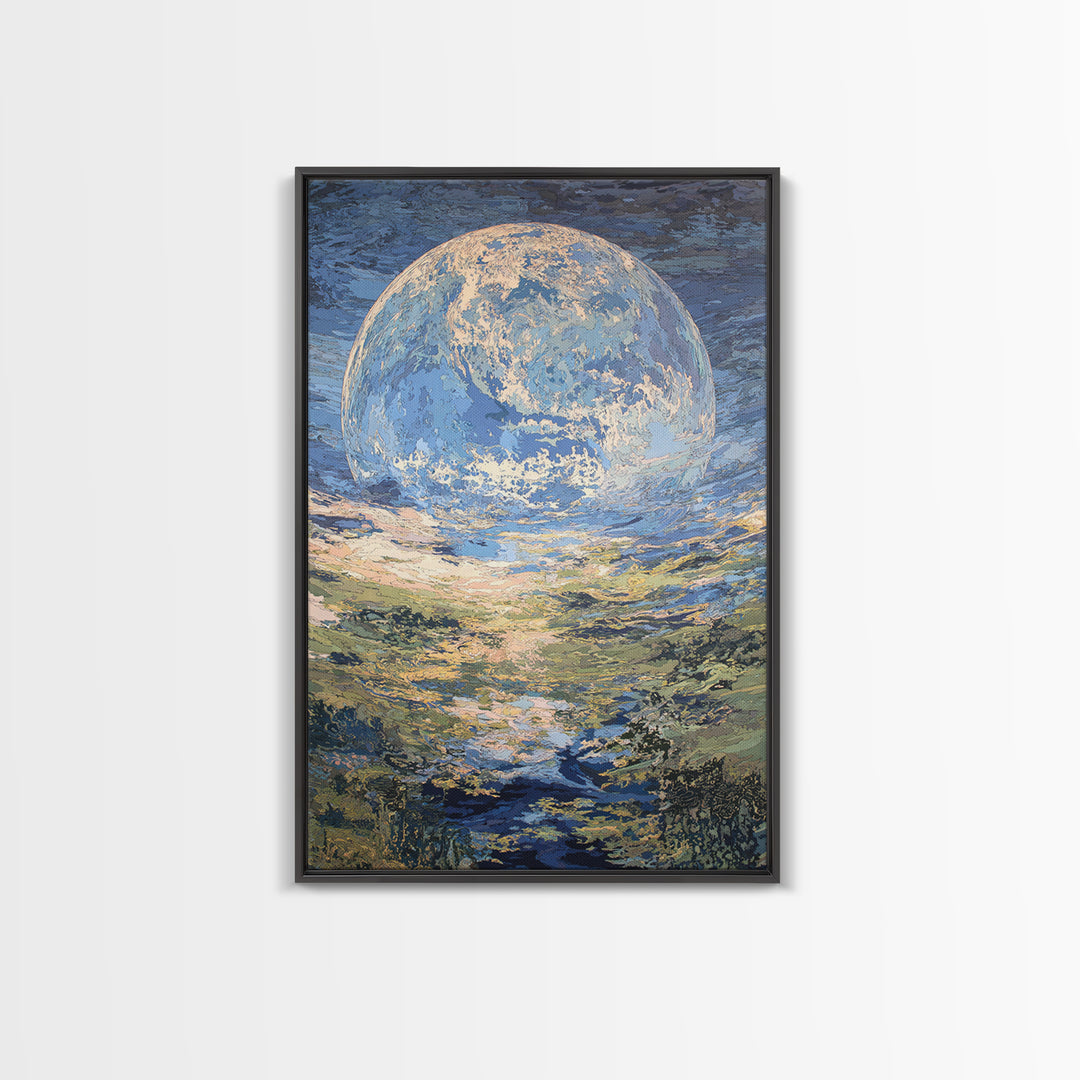 Dreamy Blue Moon Over Ocean Canvas Print, Abstract Landscape Wall Art, Modern Art Poster, Nature Scene Art, Large Decor Gift