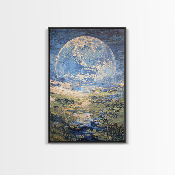 Dreamy Blue Moon Over Ocean Canvas Print, Abstract Landscape Wall Art, Modern Art Poster, Nature Scene Art, Large Decor Gift