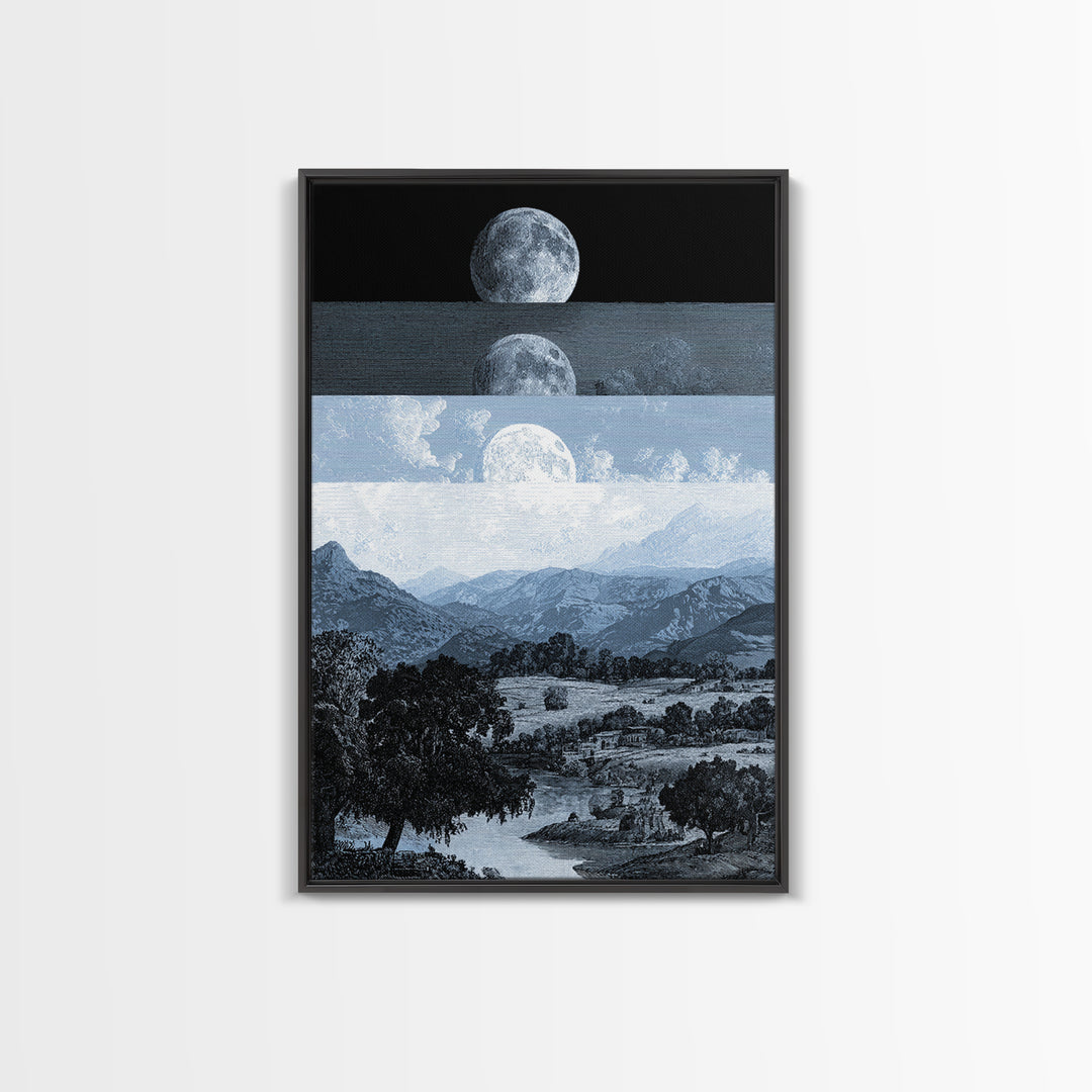Black And White Moonrise Mountain Wall Art, Large Landscape Canvas Print, Minimalist Art, Modern Wall Decor, Blue Nature Scene Art Gift
