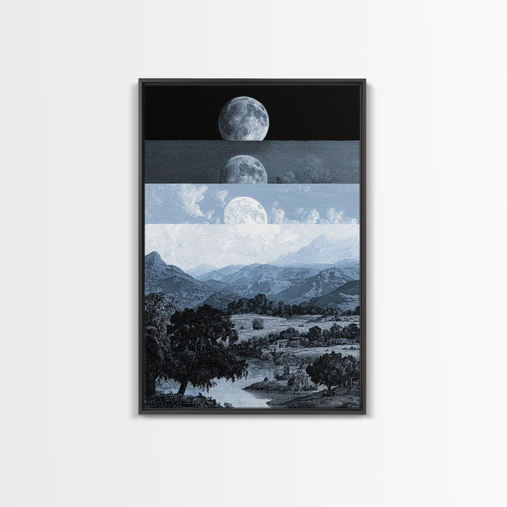 Black And White Moonrise Mountain Wall Art, Large Landscape Canvas Print, Minimalist Art, Modern Wall Decor, Blue Nature Scene Art Gift