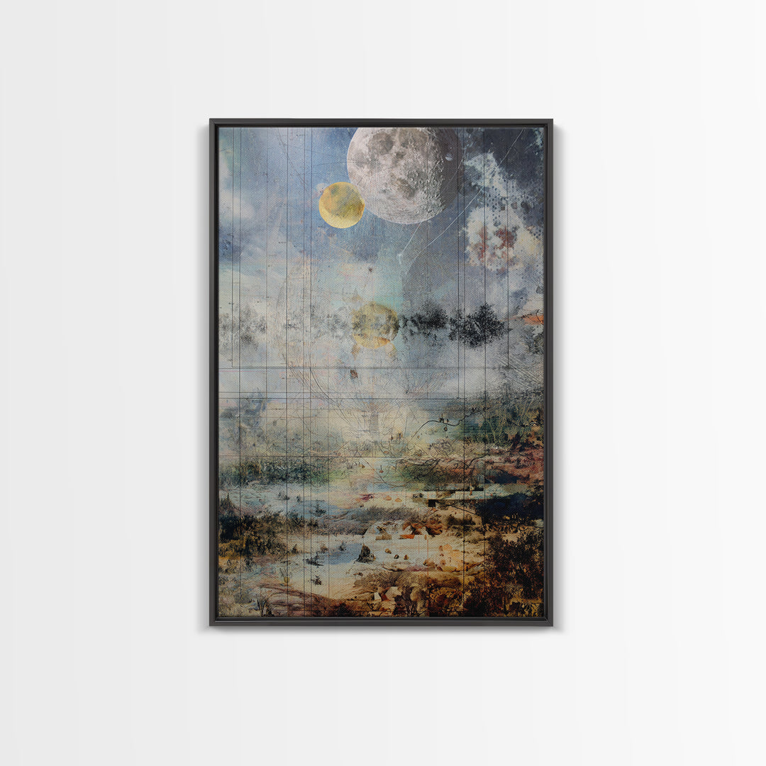 Surreal Lunar Seascape With Pale Moons And Fine Line Geometry Wall Art, Dreamy Abstract Landscape, Modern Blue Home Decor
