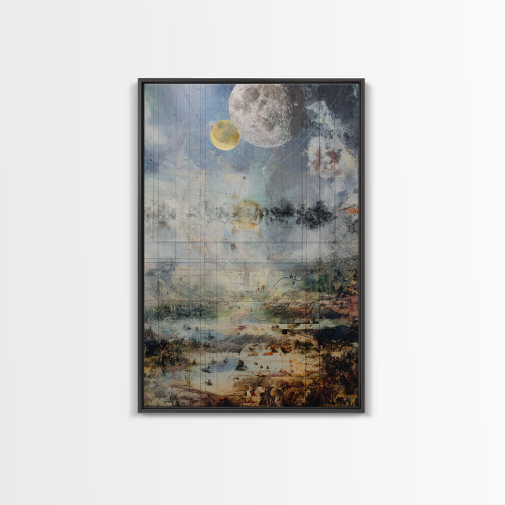 Surreal Lunar Seascape With Pale Moons And Fine Line Geometry Wall Art, Dreamy Abstract Landscape, Modern Blue Home Decor