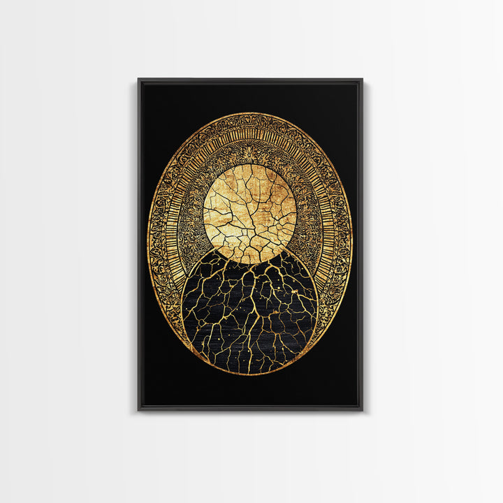 Gold Kintsugi Sun Moon Oval On Black Canvas Print, Spiritual Geometric Art, Luxury Abstract Decor, Mystical Celestial Gift