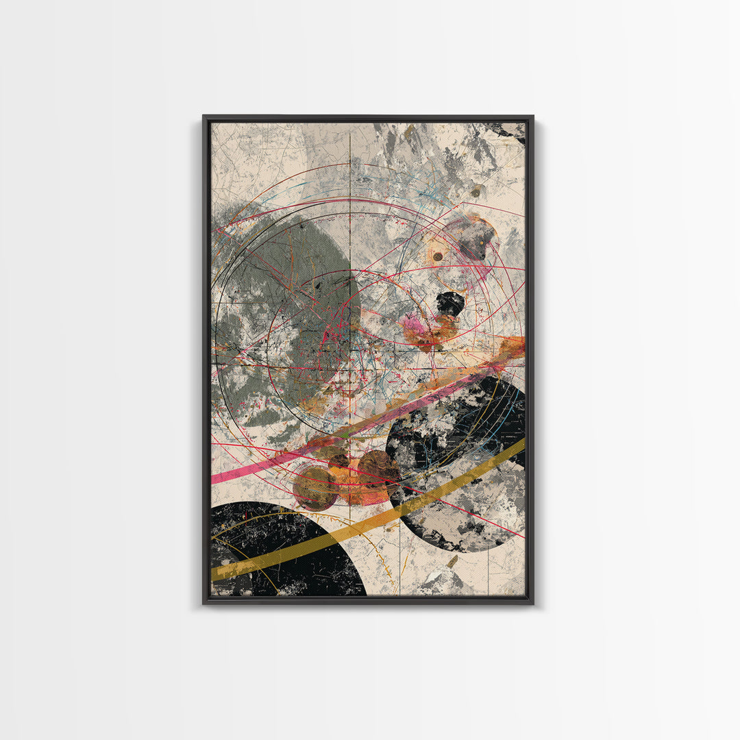 Orbit Circles With Red Lines And Gray Texture Framed Canvas Print, Abstract Geometric Wall Decor, Modern Office Art Gift