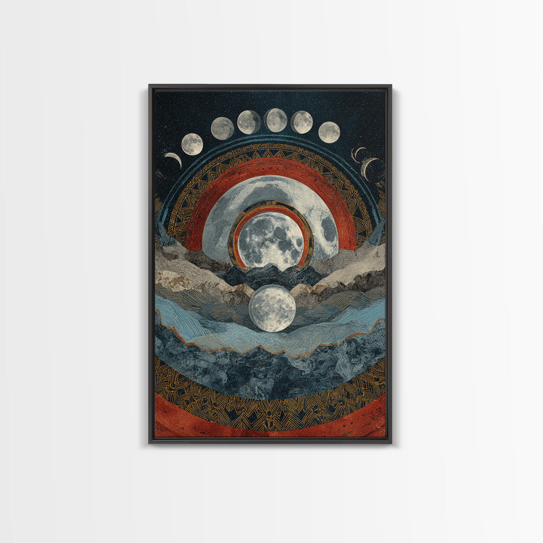 Moon Phase Mountain Mandala With Red Arcs Canvas Print, Spiritual Landscape Wall Decor, Mystical Meditation Home Art Gift