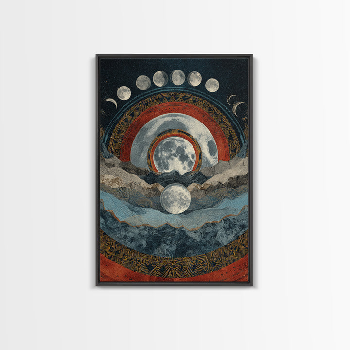 Moon Phase Mountain Mandala With Red Arcs Canvas Print, Spiritual Landscape Wall Decor, Mystical Meditation Home Art Gift
