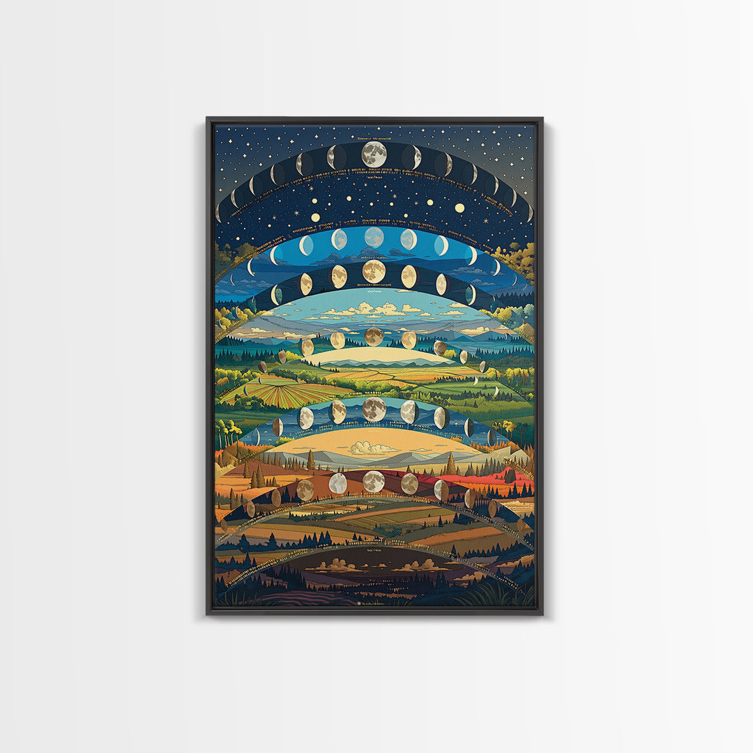 Layered Moon Phase Landscape With Rolling Fields Canvas Print, Dreamy Nature Wall Decor, Modern Boho Art For Living Room