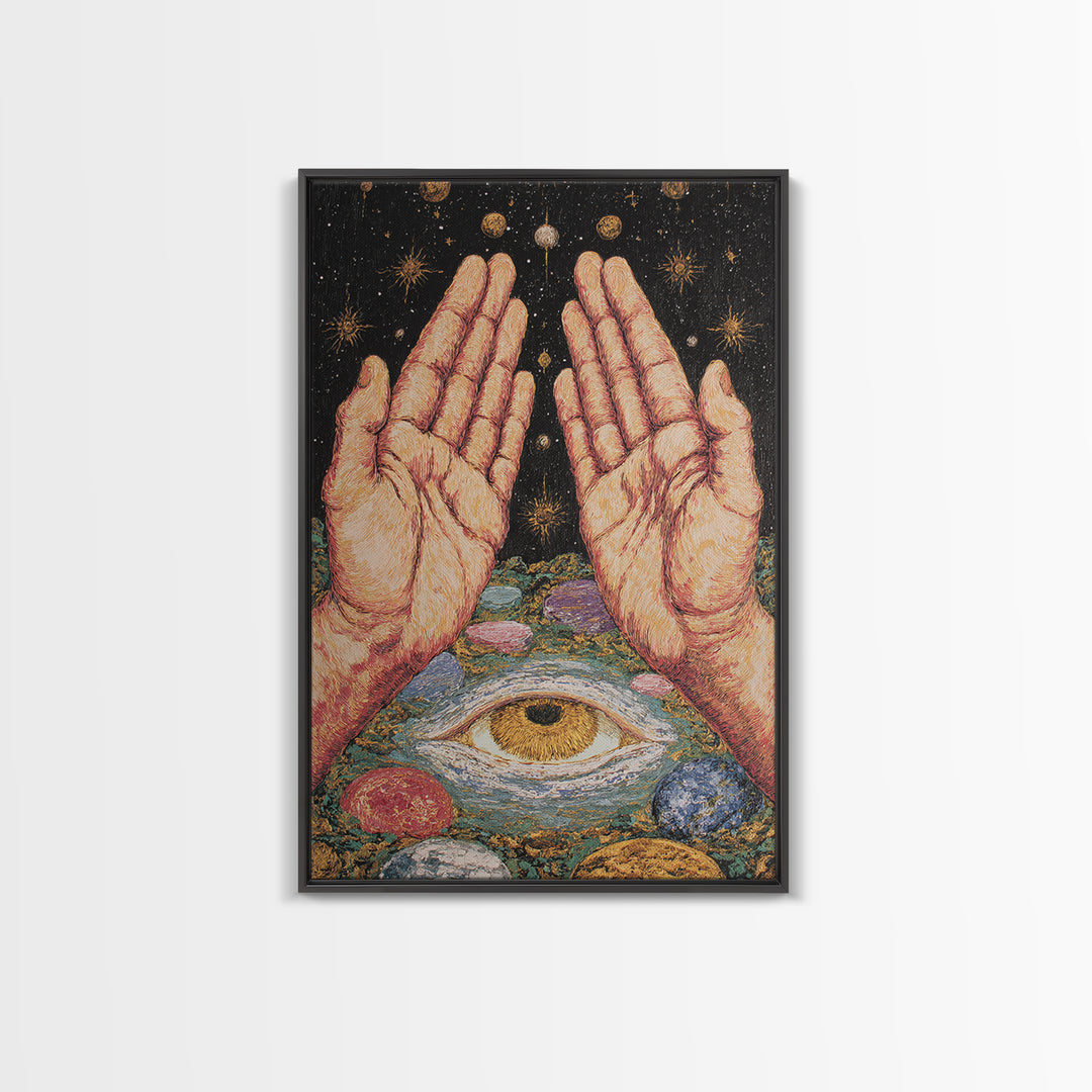 Mystic Open Hands Above All Seeing Eye And Planets Wall Art, Spiritual Meditation Decor, Surreal Occult Unique Home Art Gift