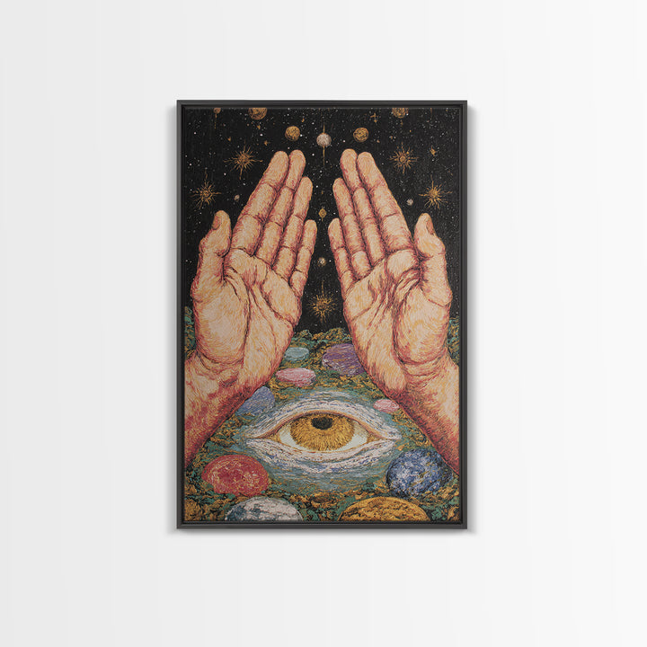 Mystic Open Hands Above All Seeing Eye And Planets Wall Art, Spiritual Meditation Decor, Surreal Occult Unique Home Art Gift