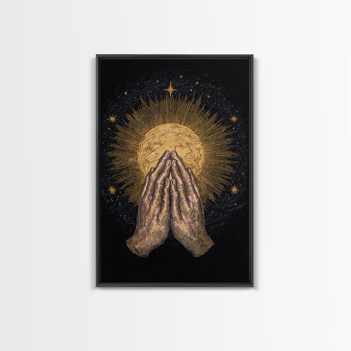 Praying Hands Holding Golden Radiant Sun On Black Canvas Print, Spiritual Wall Decor, Meditation Art Gift For Sacred Home