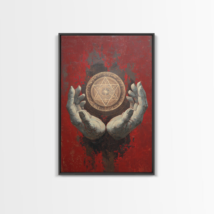 Golden Sacred Geometry In Weathered Hands Wall Art, Mystical Abstract Canvas, Spiritual Home Decor, Red And Gold Artwork