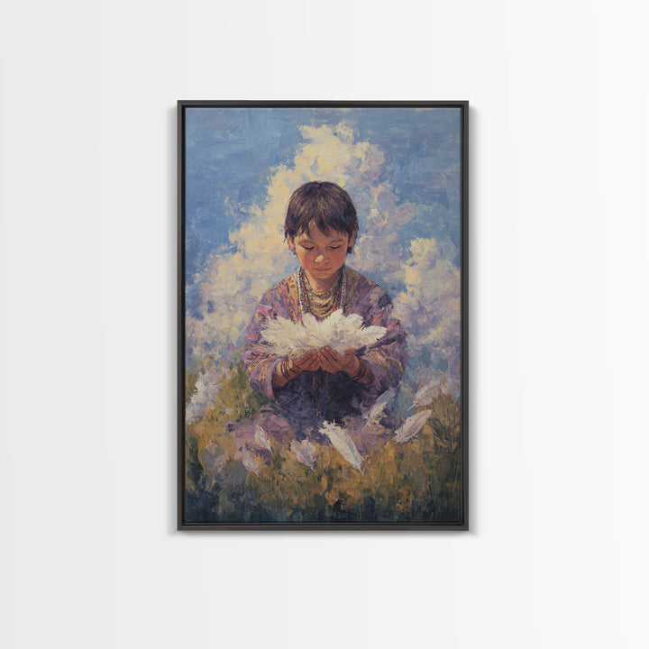 Quiet Child Holding White Feathers Framed Canvas Print, Dreamy Portrait Wall Art, Spiritual Home Decor, Gift For Kids, Soft Blue Painting