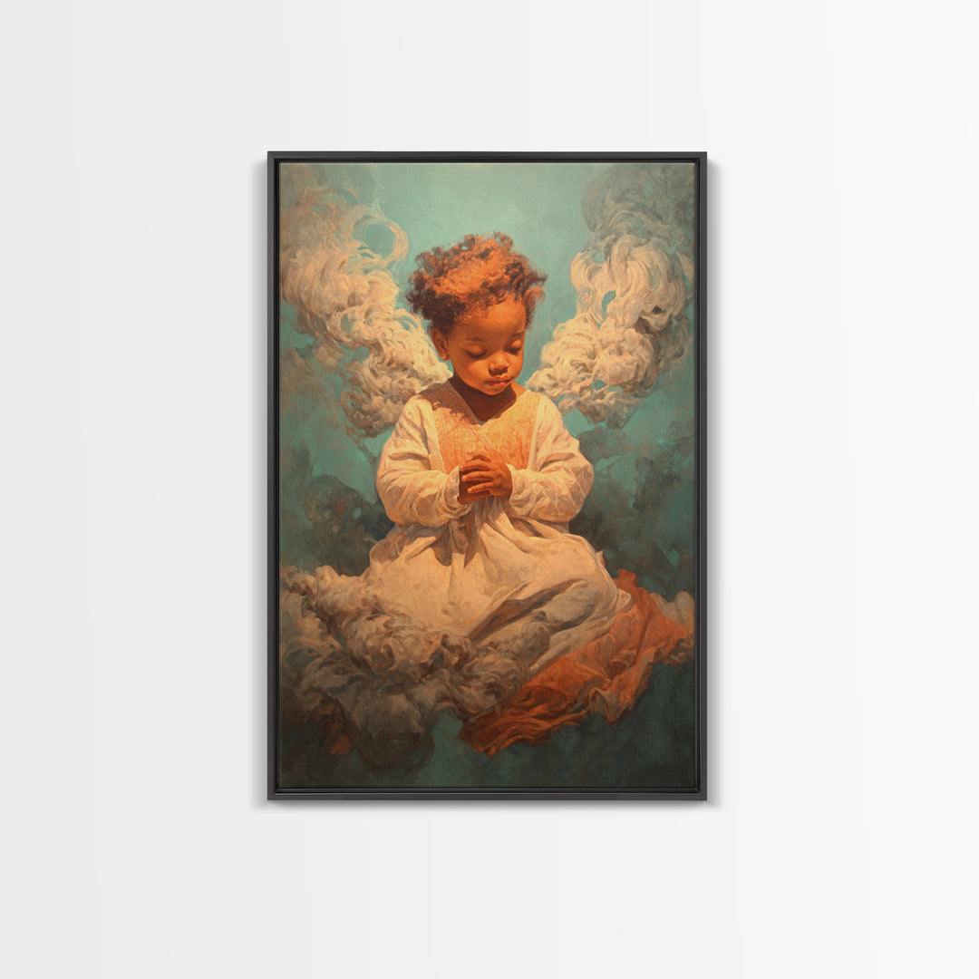 Praying Black Child In Clouds Canvas Print, Angelic Spiritual Wall Art, Dreamy Portrait Decor, Black Beauty Gift For Her