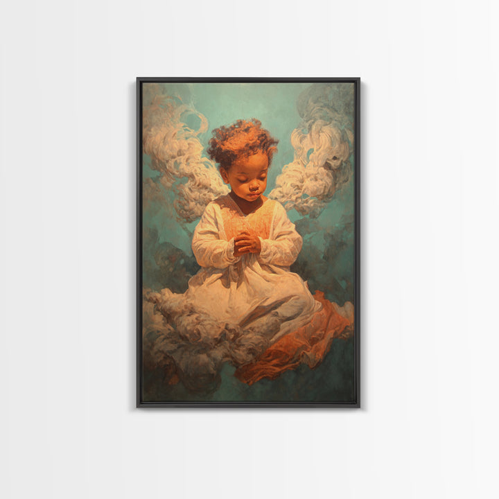 Praying Black Child In Clouds Canvas Print, Angelic Spiritual Wall Art, Dreamy Portrait Decor, Black Beauty Gift For Her