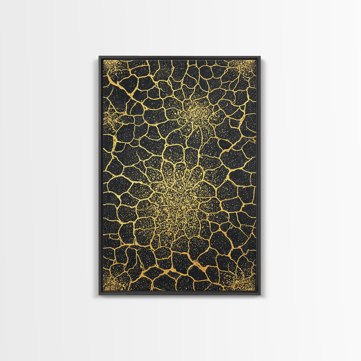 Gold Botanical Crackle Pattern Canvas Print, Black Abstract Wall Art, Geometric Floral Decor, Luxury Statement Piece For Modern Home