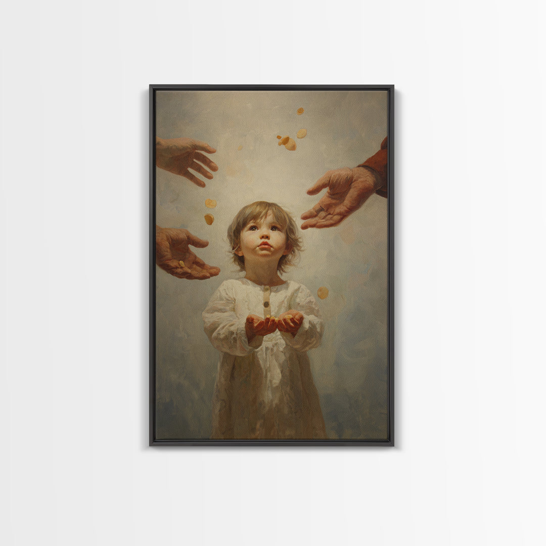 Wide Eyed Child Receiving Coins Framed Canvas Print, Classic Portrait Wall Art, Meaningful Gift, Soft Neutral Home Decor