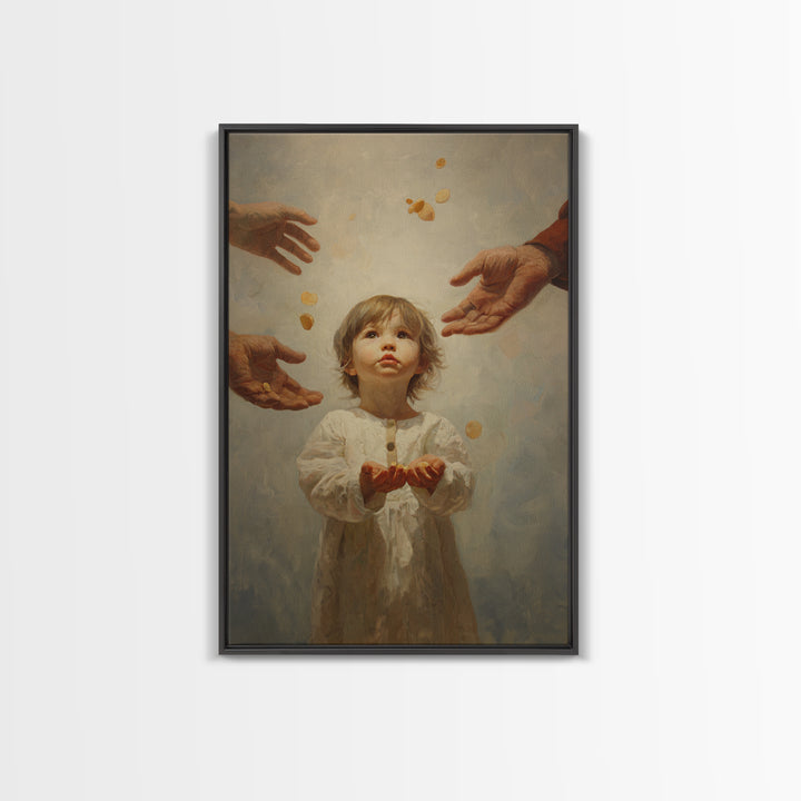 Wide Eyed Child Receiving Coins Framed Canvas Print, Classic Portrait Wall Art, Meaningful Gift, Soft Neutral Home Decor
