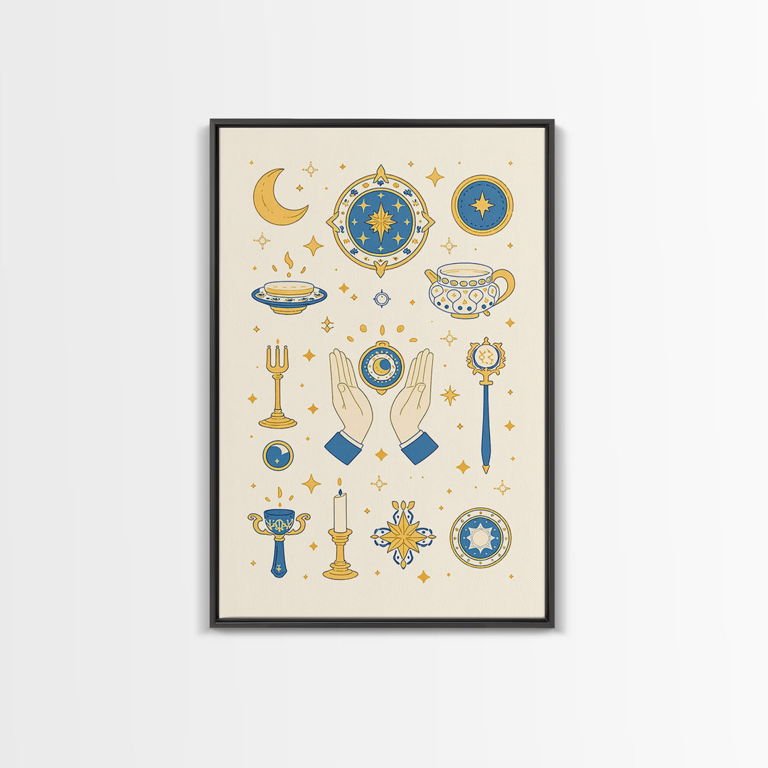 Blue Gold Celestial Symbols With Moon Hands And Stars Wall Art, Mystical Spiritual Boho Decor, Elegant Gallery Canvas Print