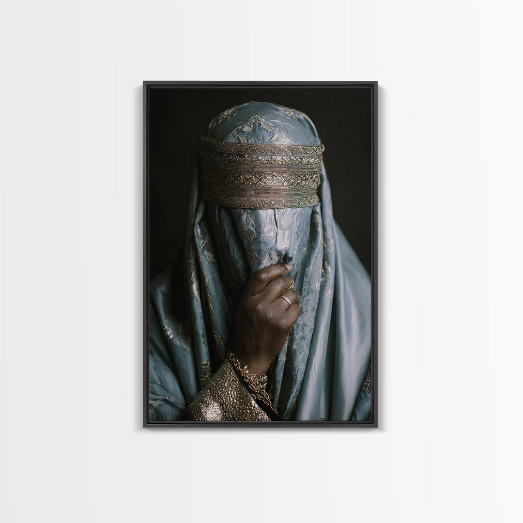 Blue Gold Veiled African Woman Portrait Framed Canvas Print, Luxury Afrocentric Wall Decor, Cultural Photography Fine Art