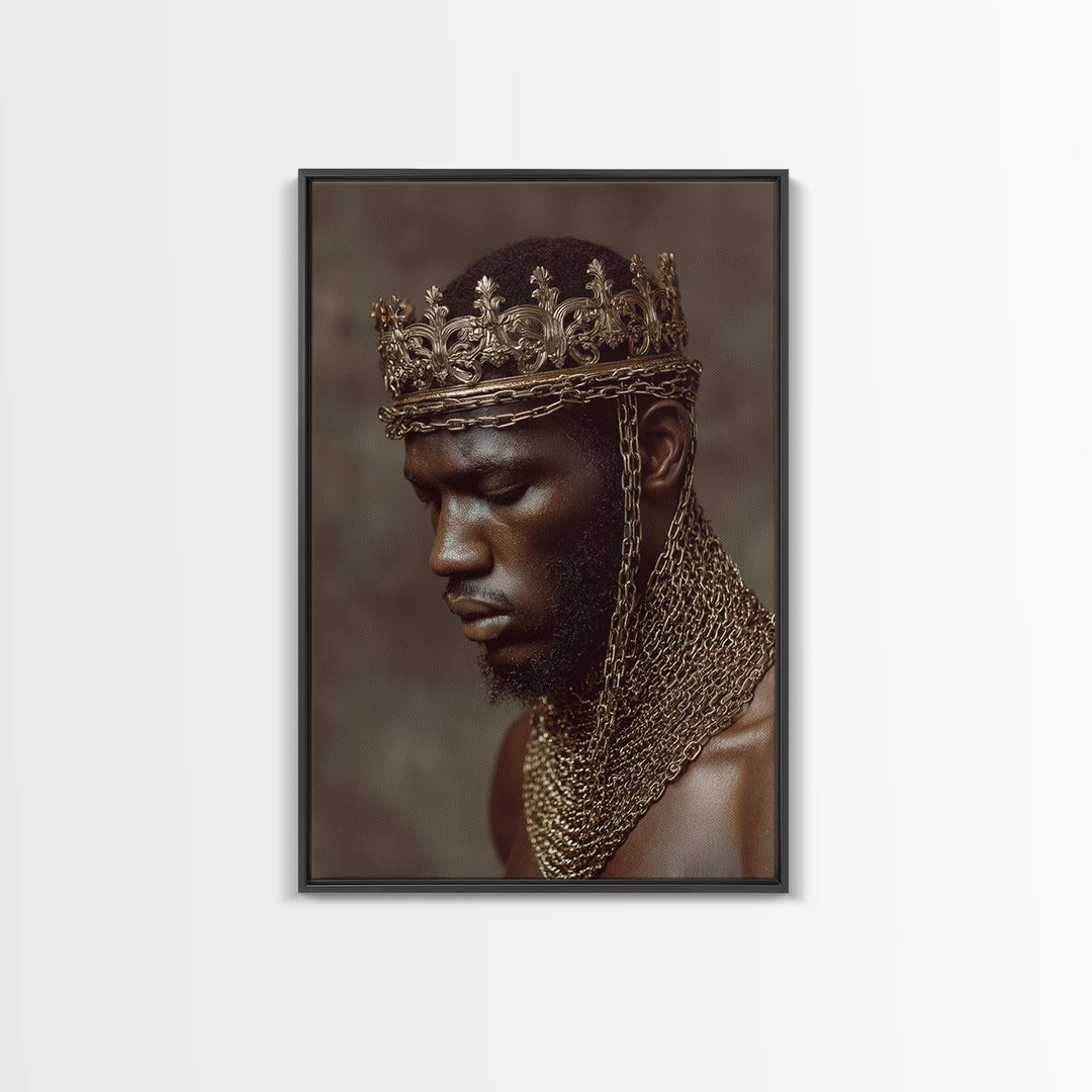 Profile Of Black King In Gold Crown And Chains Wall Art, African American Royal Portrait, Luxury Black Culture Decor Gift