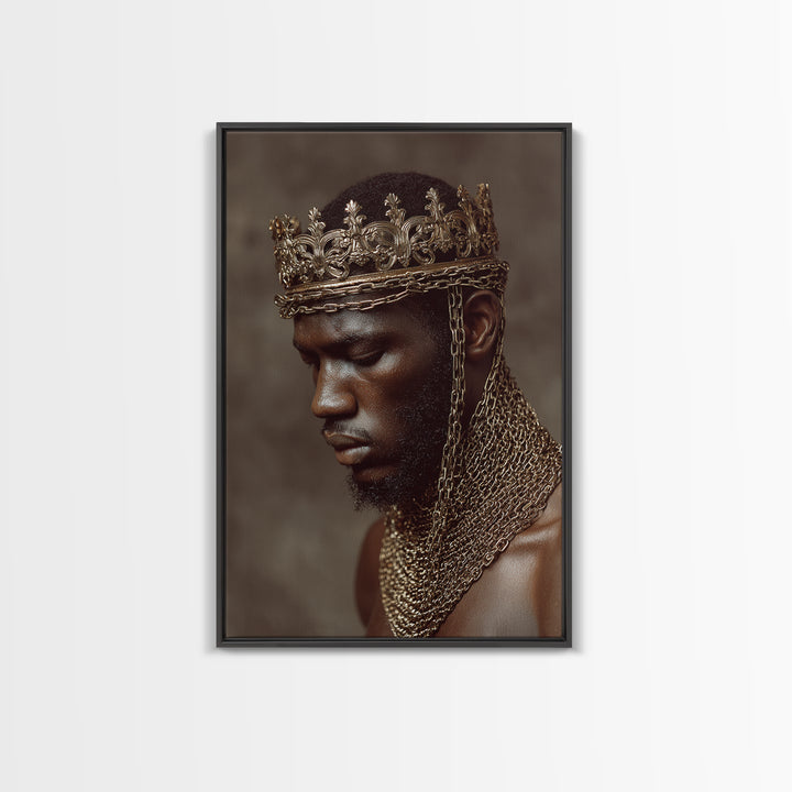 Profile Of Black King In Gold Crown And Chains Wall Art, African American Royal Portrait, Luxury Black Culture Decor Gift