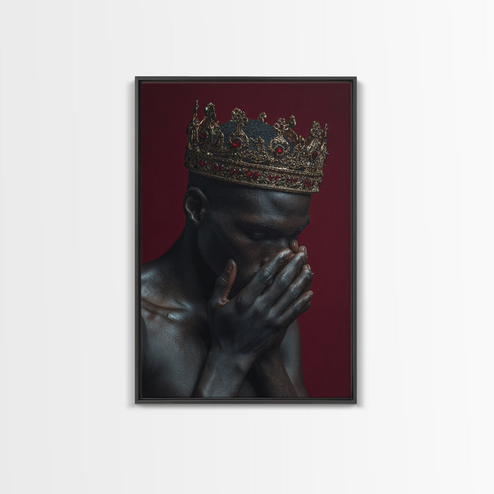Praying Black King With Ruby Gold Crown Wall Art, African American Royal Portrait, Spiritual Black Culture Home Decor Gift