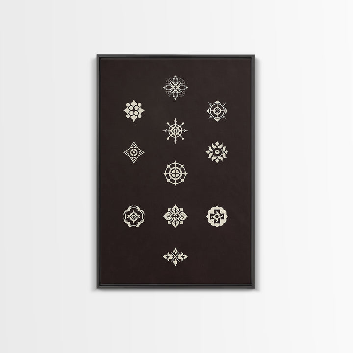 Cream Sacred Geometric Symbols On Dark Brown Wall Art, Minimalist Spiritual Pattern Canvas Print, Boho Meditation Home Decor
